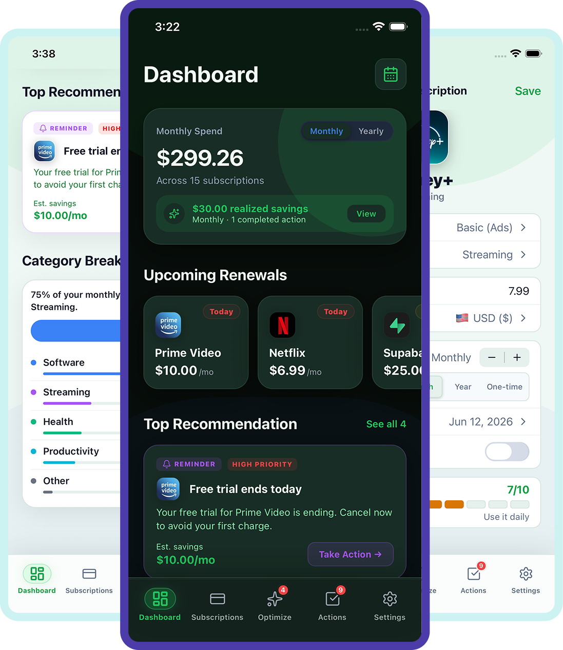 BanishSubs app screens showing the Dashboard, subscription details, and subscription recommendations